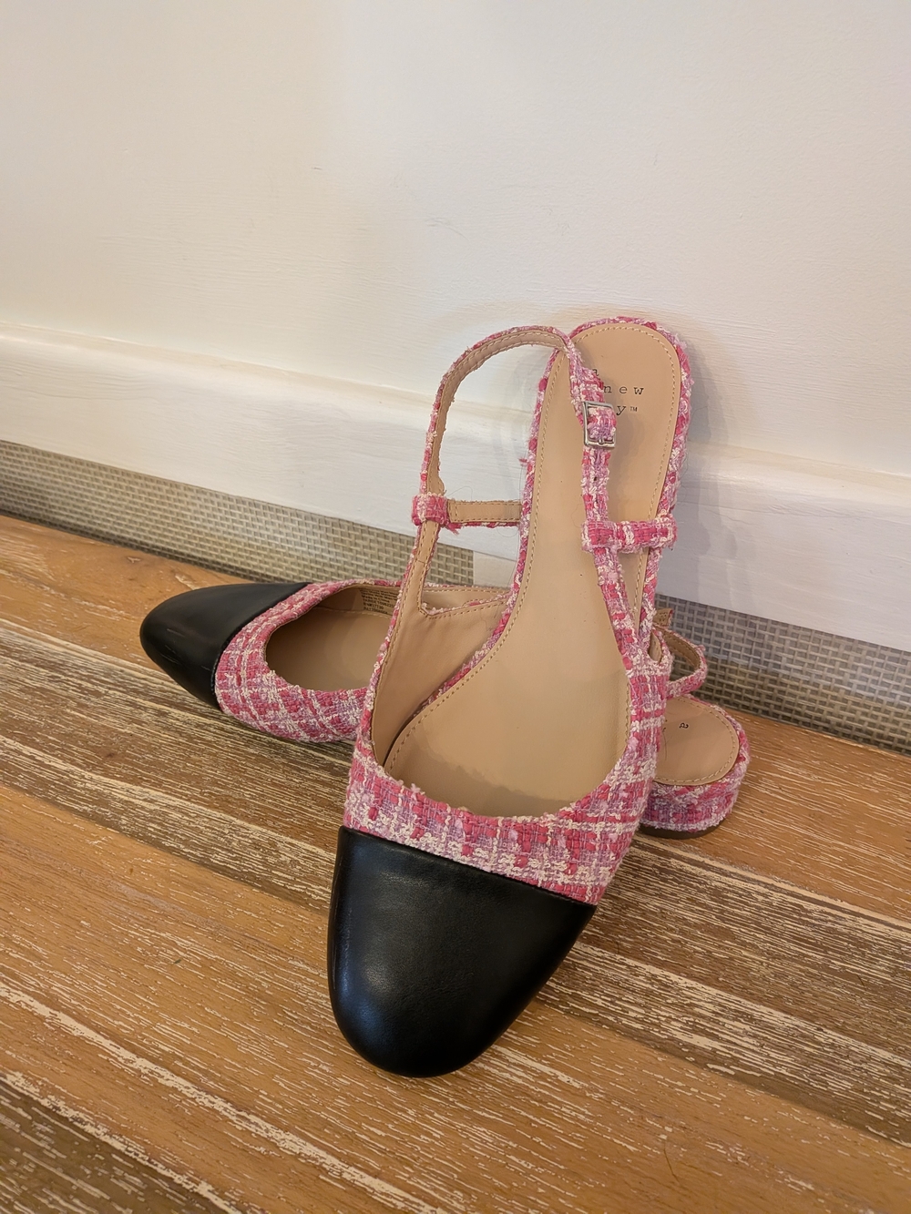 Time and Tru Pink Tweed Slingback Flats with Black Cap Toe